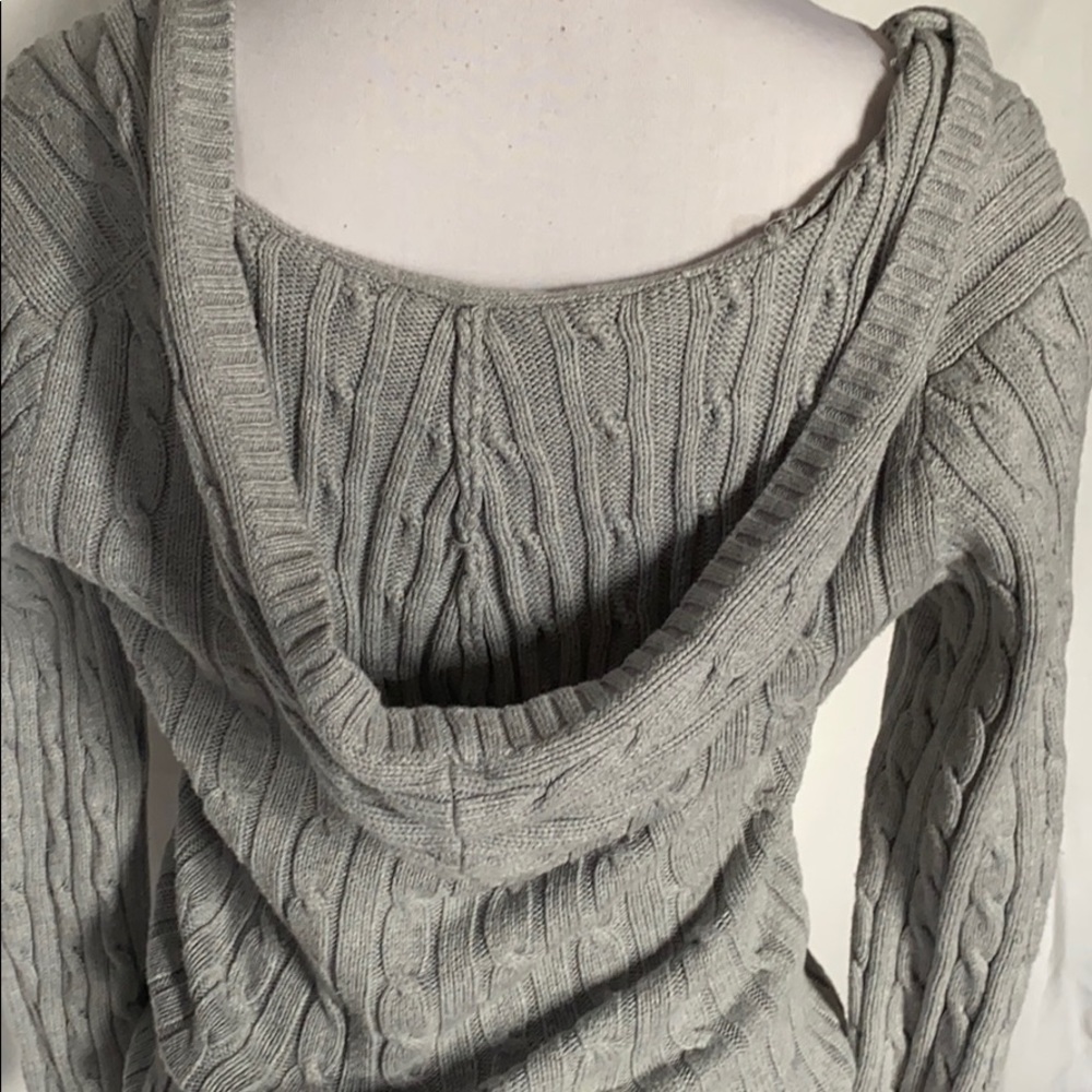 Boutique y2k Gray cotton Hoodie cable knit v neck pullover sweater pocket. Rk1n - Picture 5 of 9